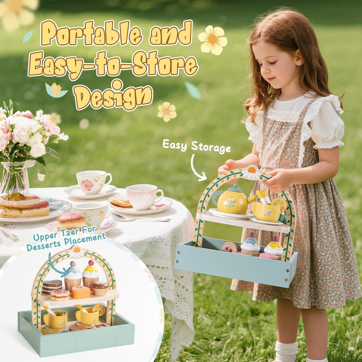 Toyssa wooden tea party set with cupcake stand, teapot, cups and play desserts - view 4