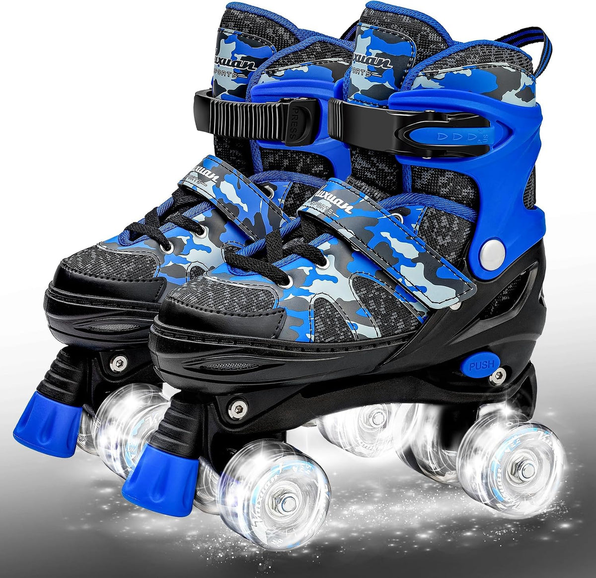 Kuxuan Adjustable Roller Skates with Fun Illuminating Rollerskate - Camo Blue / Large - Youth(4-7US)