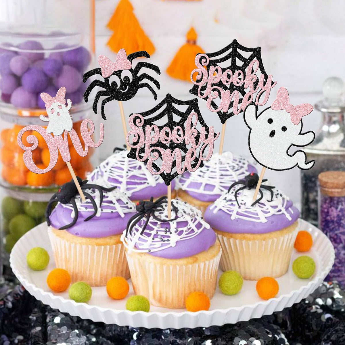 24 PCS Halloween Bat Cupcake Toppers Black Glitter Bat Cupcake Picks - Pattern C7 Pink - image 4