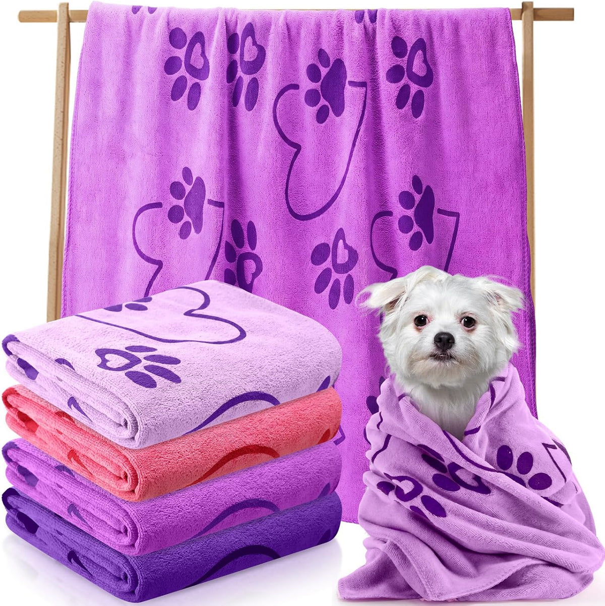 Fanfanwin 4 Pcs Dog Bath Towels Microfiber Drying Dog Towel Absorbent - Purple,Pink