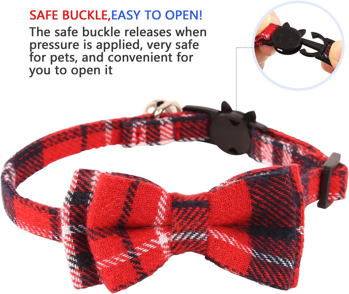 2 Pack/Set Cat Collar Breakaway with Cute Bow Tie and Bell for Kitty - Red+White / Plaid - image 3