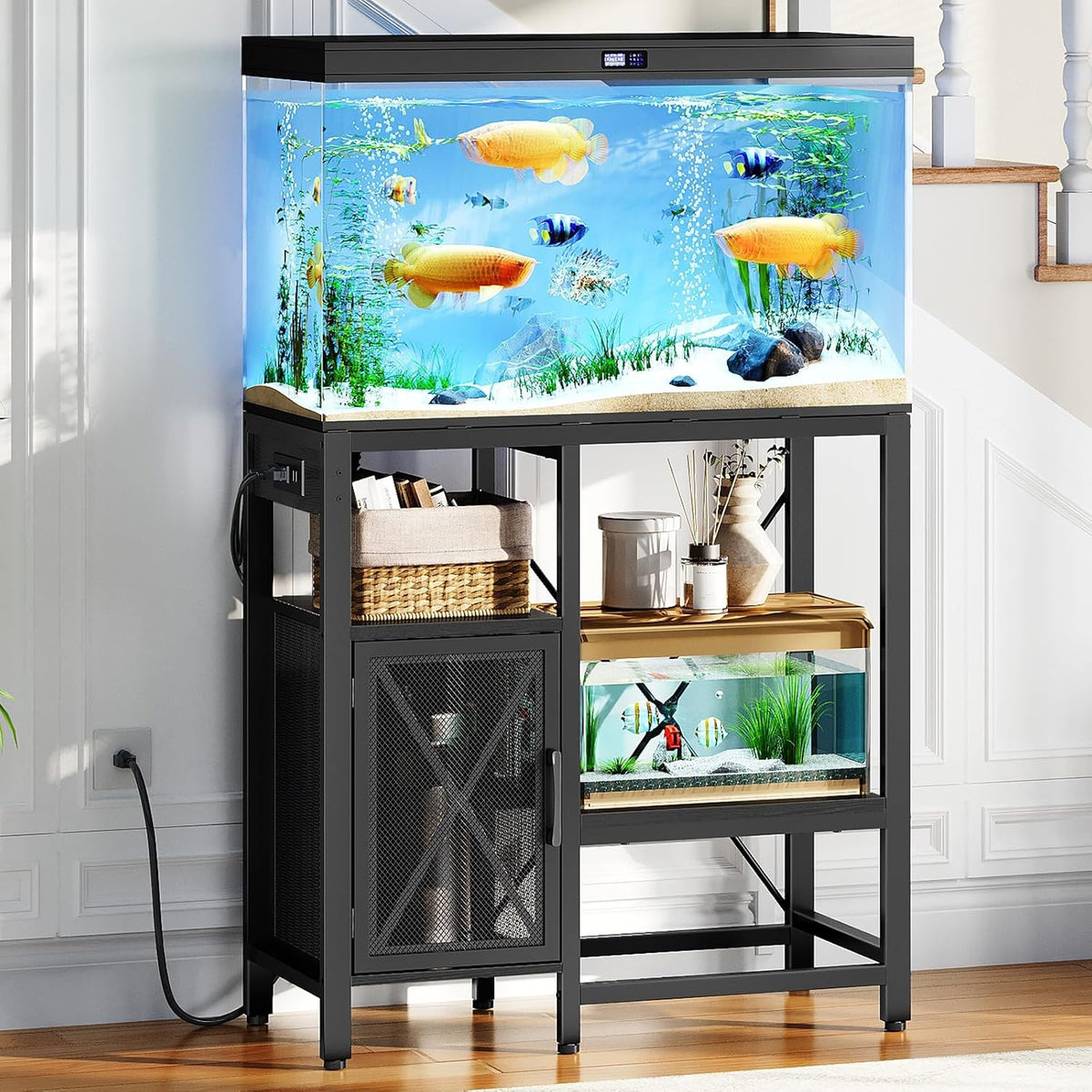 MAHANCRIS 40-50 Gallon Fish Tank Stand with Power Outlet and Storage – Essentials for Fish - Black / 20-37 Gallon
