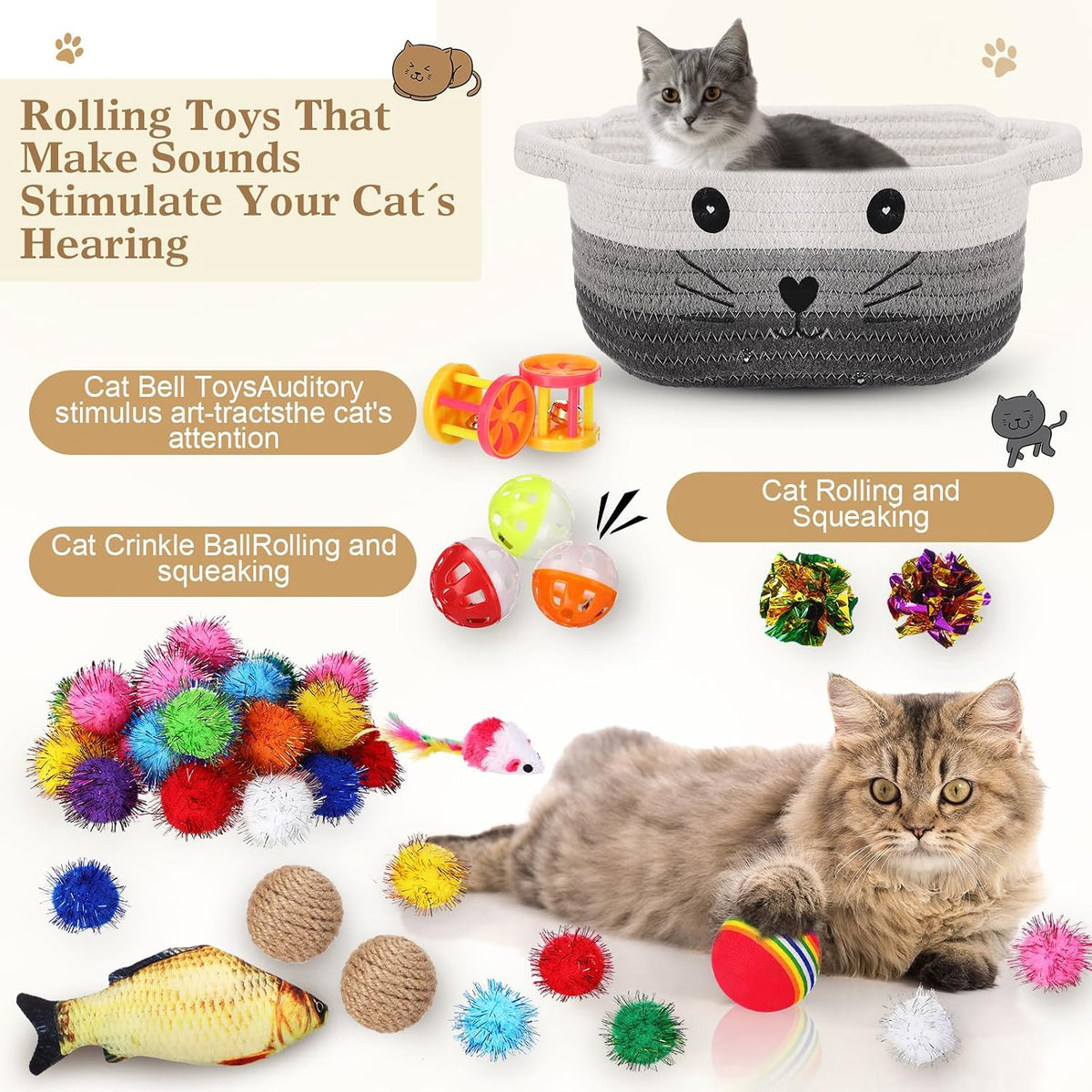 Zopeal 58 Pcs Cat Toy Set with Storage Basket Indoor, Grey - Multicolor / 12 Inch - image 3