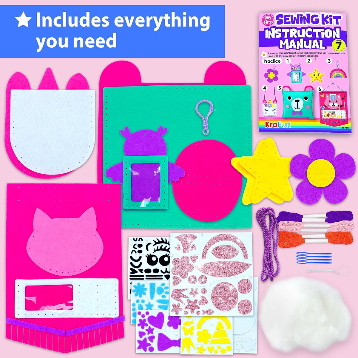 KRAFUN My First Sewing Kit for Kids Ages 6-12, 7 Animal Dolls - image 2