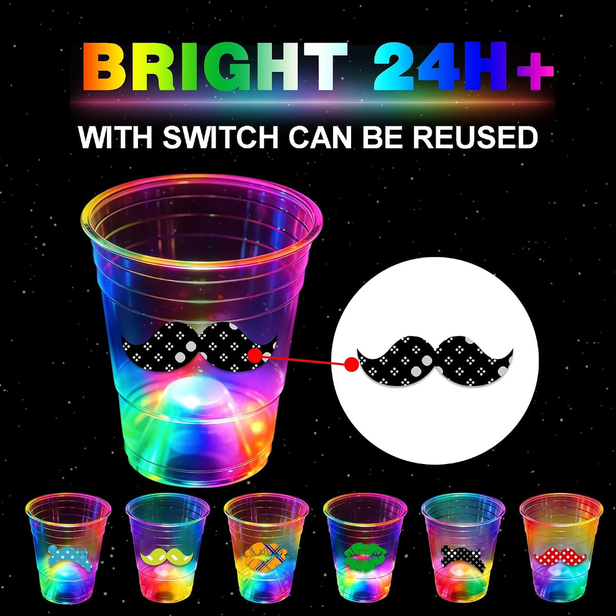 mishunyus 40 pack light up party cups, 16 oz plastic cups with LED flashing color lights - view 2