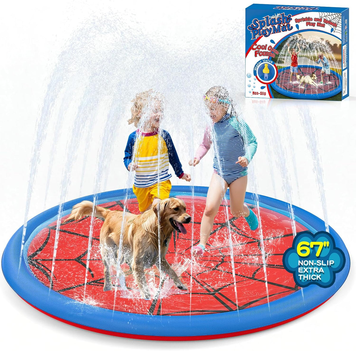 Non Slip Splash Pad for Kids and Dogs 67'' Extra Large Splash Pad – Fun for Kids & Family - Red / 67''