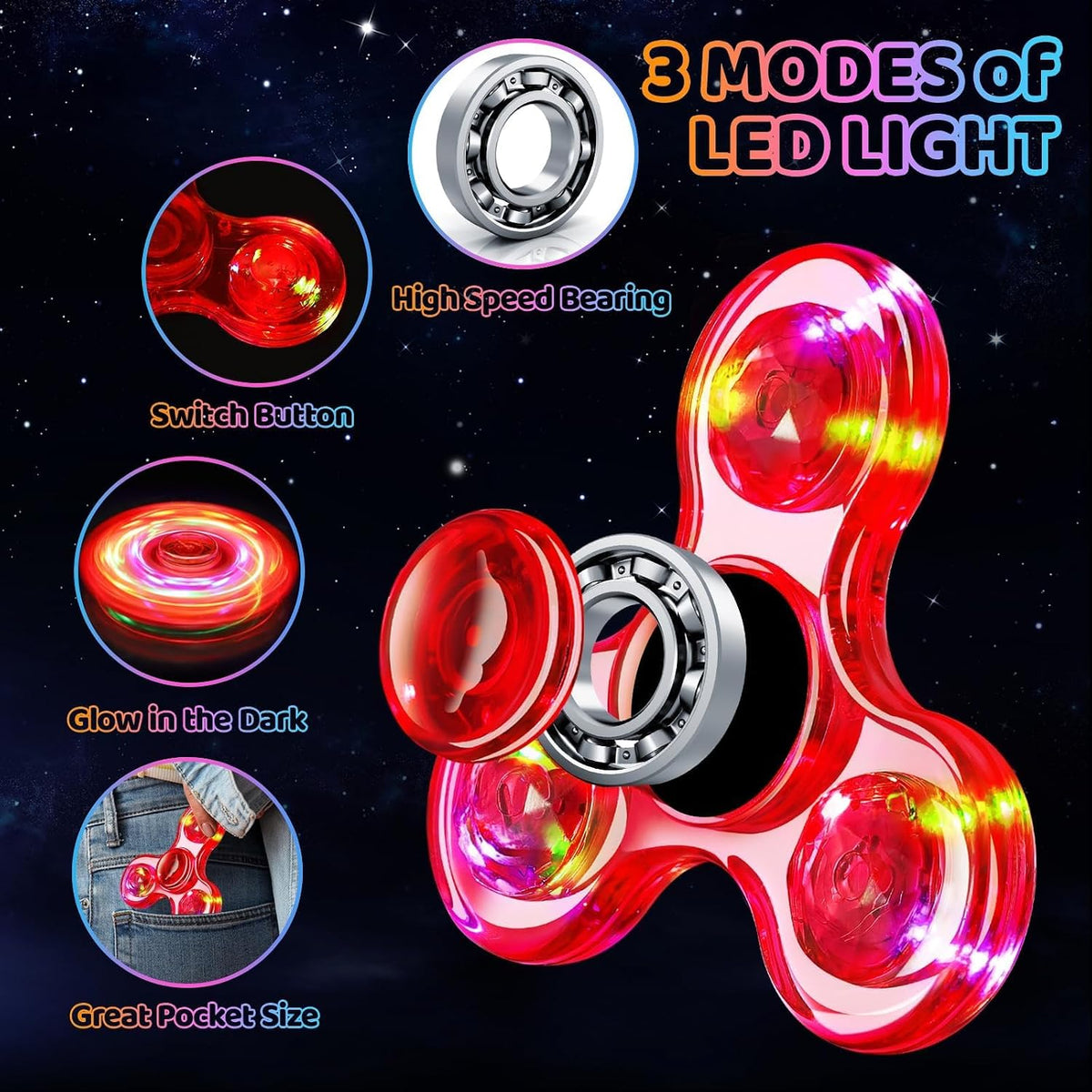 Fidget Spinner 2 Pack, Light up Sensory Fidget Toys Adults Kids 4-8-12, Kids - Red&blue - image 2