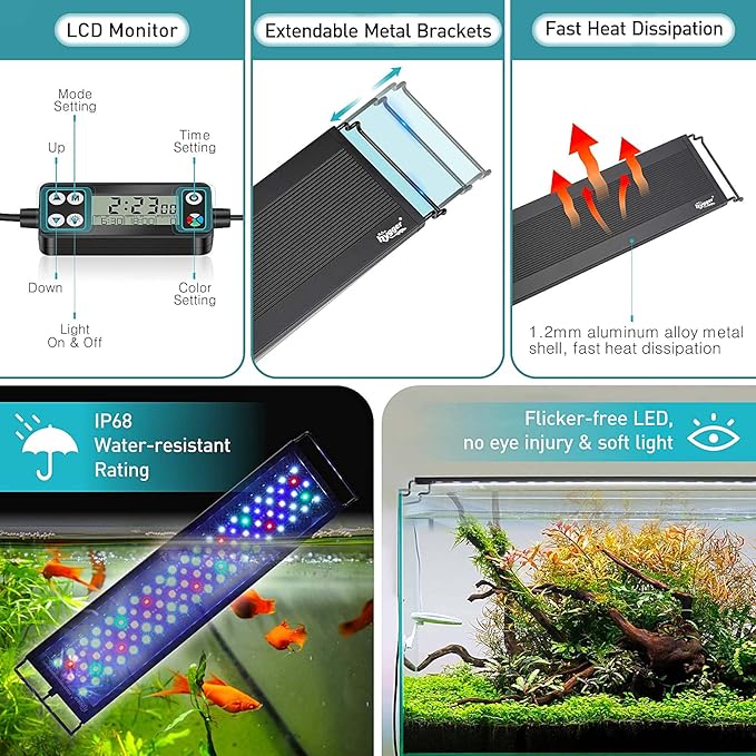hygger Auto On Off LED Aquarium Light, Full Spectrum Fish Tank Light with LCD Monitor, 24/7 Lighting Cycle, 7 Colors, Adjustable Timer, IP68 Waterproof, 3 Modes for 30"-36" Freshwater Planted Tank