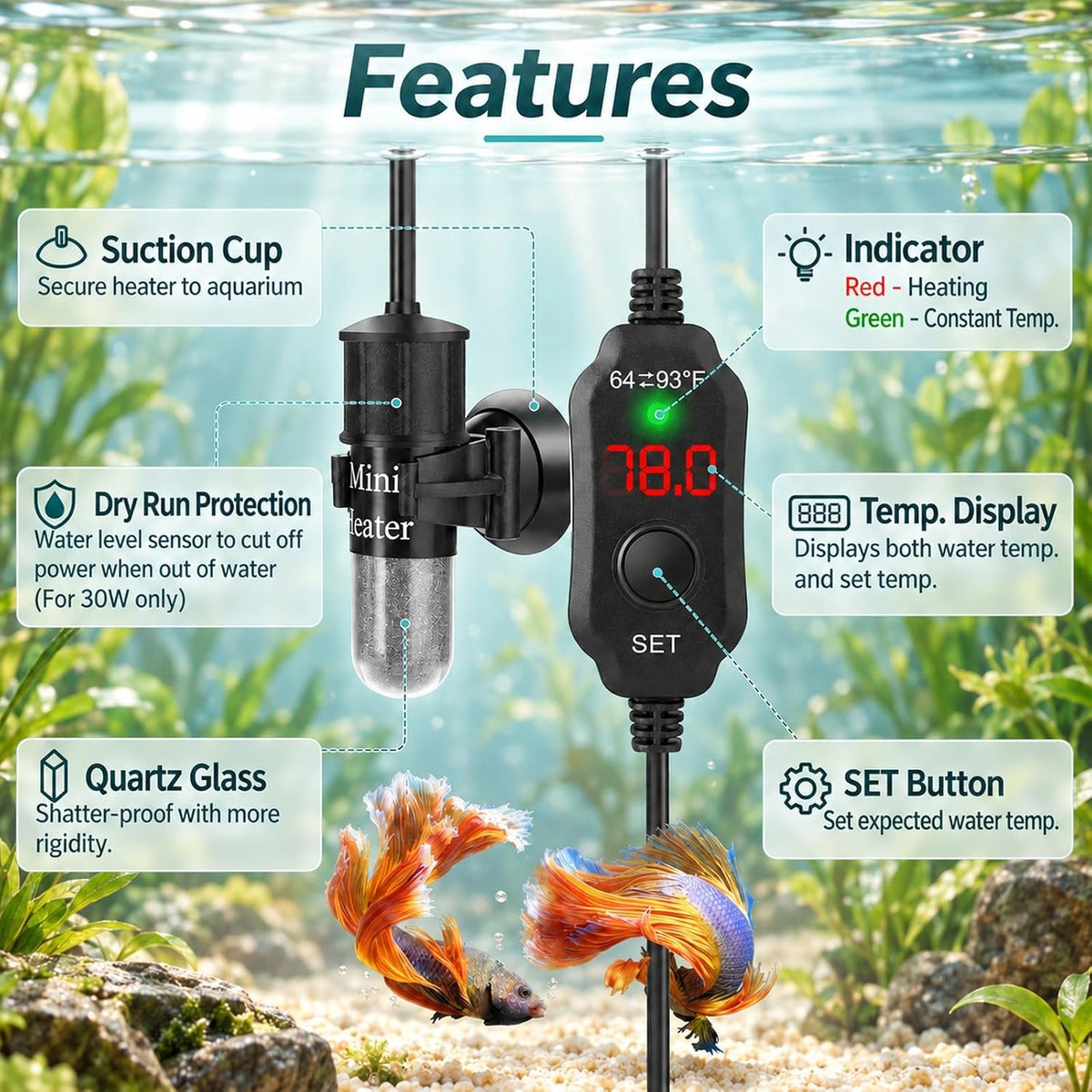 Thumb-Sized 10W Super Mini Aquarium Betta Heater for 1-2 Gallon Small - For Tanks ≤ 6 Gal - image 3