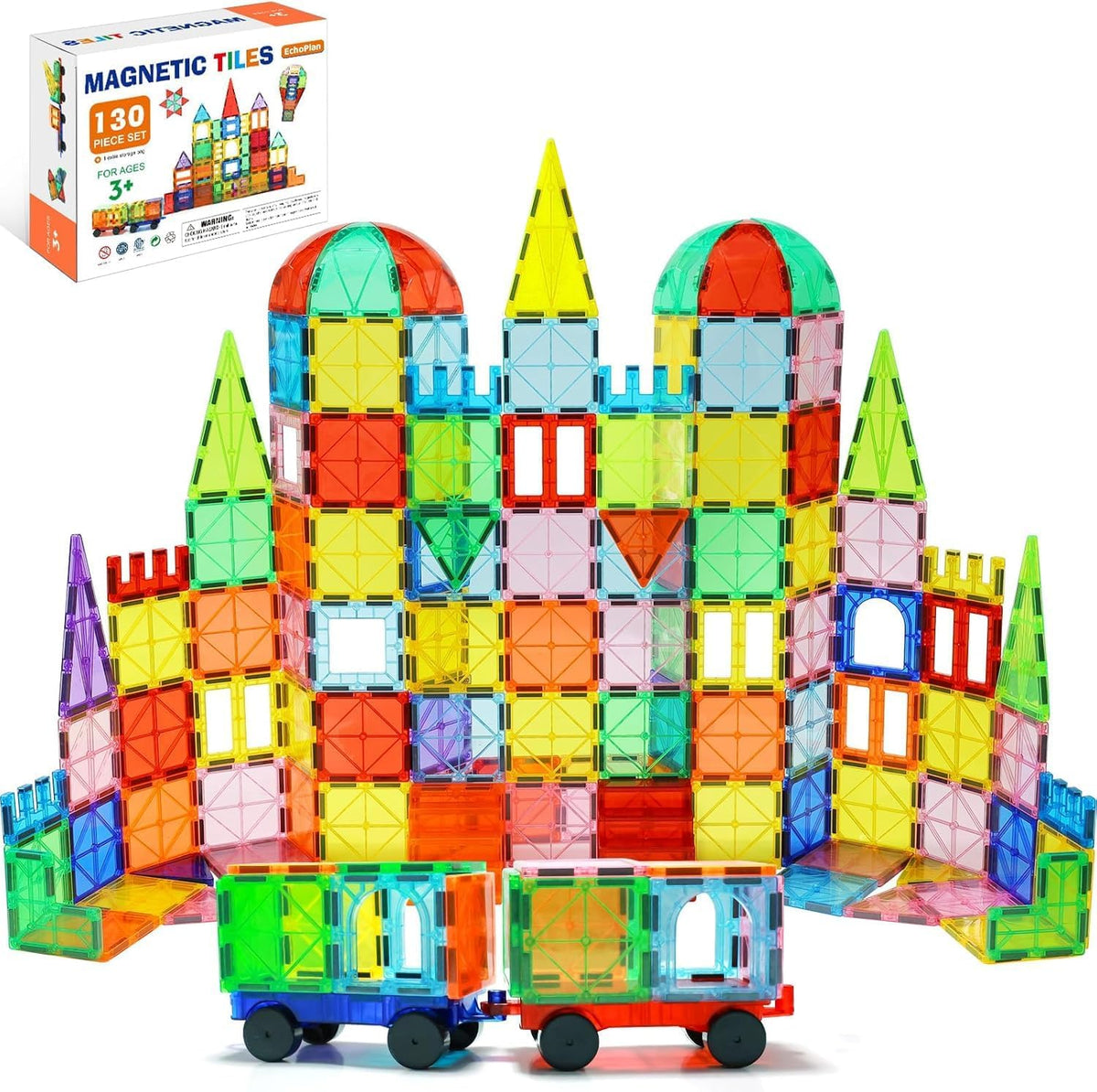 EchoPlan Magnetic Tiles,130PCS Magnetic Blocks with 2 Cars for Kids – Fun for Kids & Family - 130PCS