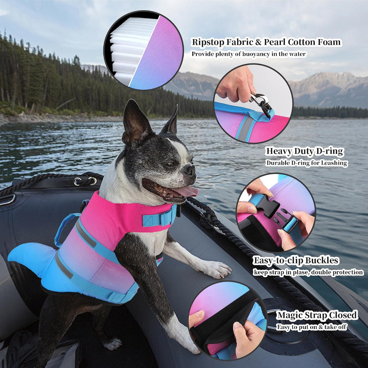 Dogcheer Dog Life Jacket, Cute Shark Dog Life Vest for Swimming Boating with Superior Buoyancy - Gradient Red-Blue / X-large - image 4