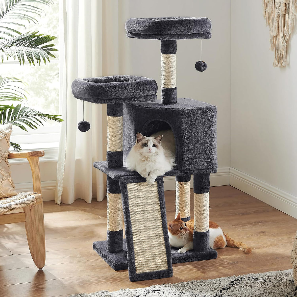 Feandrea Cat Tree, Plush Climbing Condo, Green - Smoky Gray