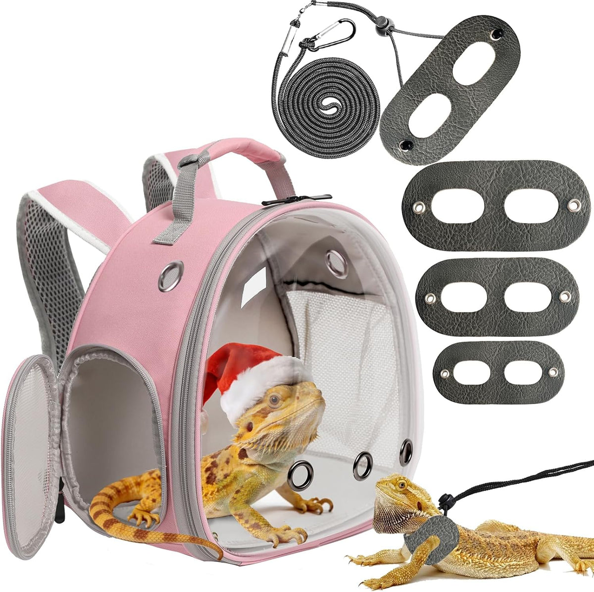 Bearded Dragon Travel Backpack with Harness and Leash Set - Pink / Backpack+LSH Grey