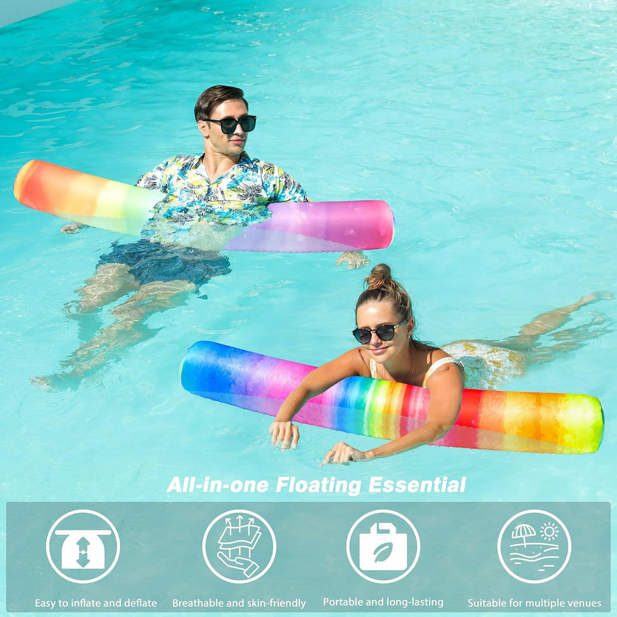 FindUWill 2-pack inflatable fabric-covered pool noodles in blue and green flower print - view 16