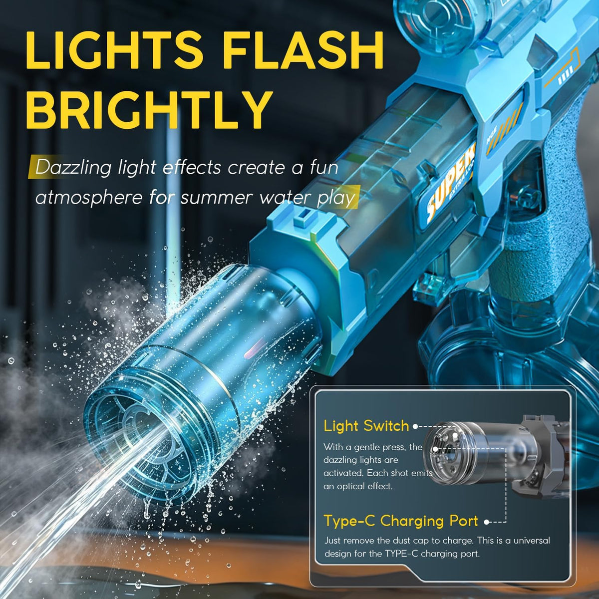 YRIOWMI black electric water gun with automatic squirt and multi-color LED lights - view 6