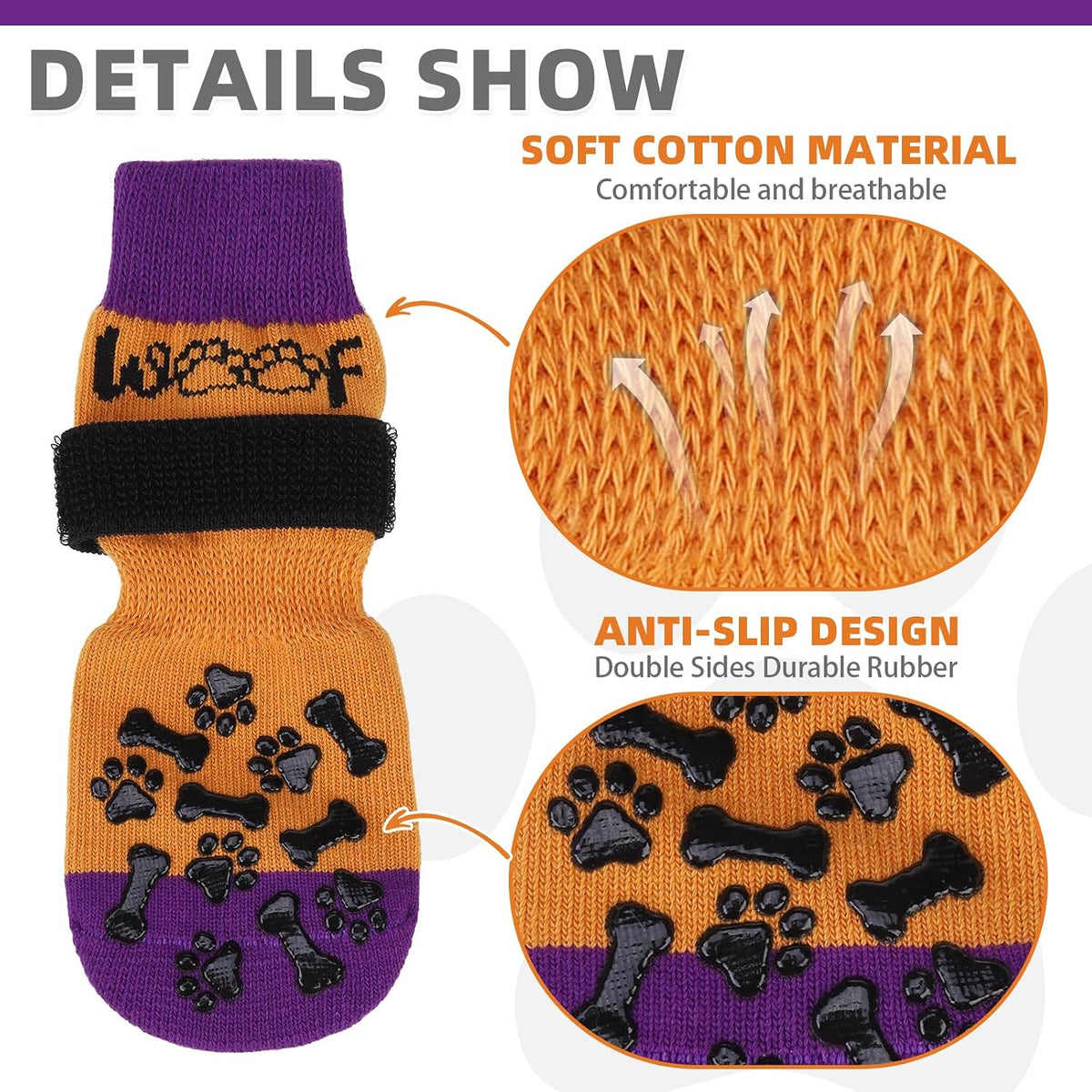 Dog Socks Shoes for Hot Pavement to Prevent Licking Paws - Orange&purple With Woof / X-Large (4 Pack) - image 3