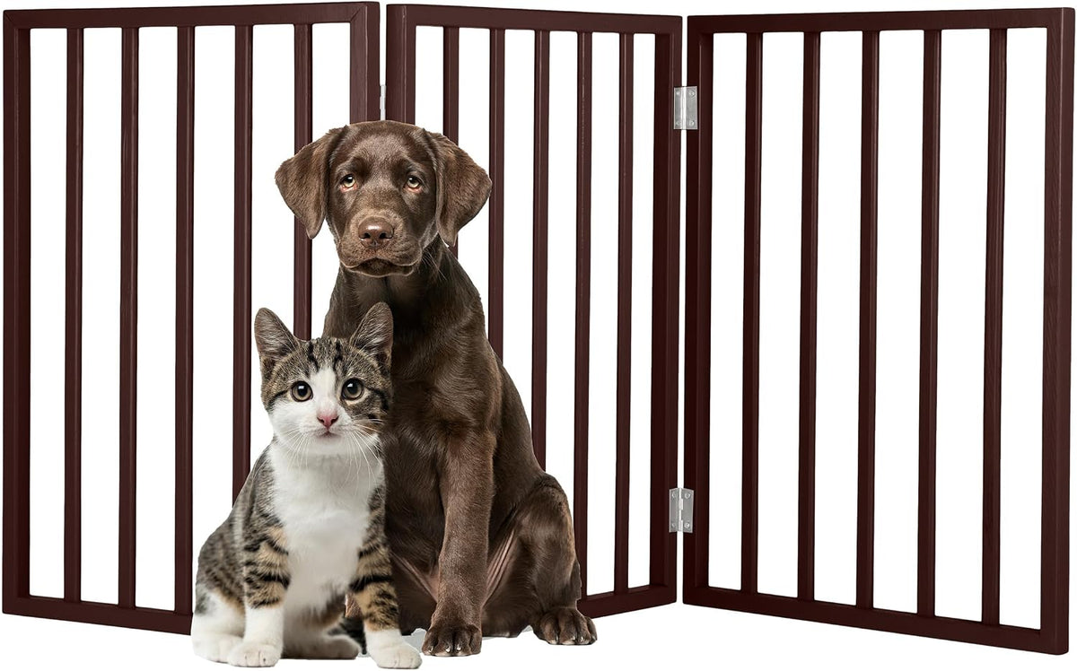 Pet Gate, 4-Panel Indoor Foldable Dog Fence for Stairs, Hallways - Brown / 3 Panel
