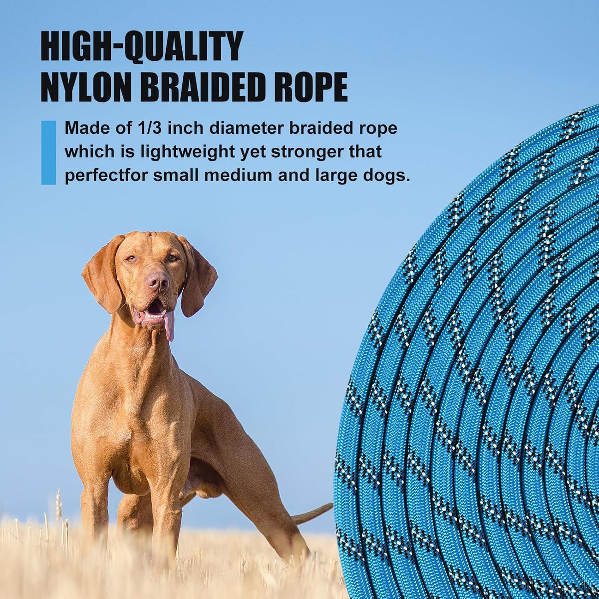 Long Dog Leash Reflective Rope Training Lead 15ft 30ft 50ft Check Cord – Essentials for Dogs - Light Blue / 15ft x 3/8inch - image 4