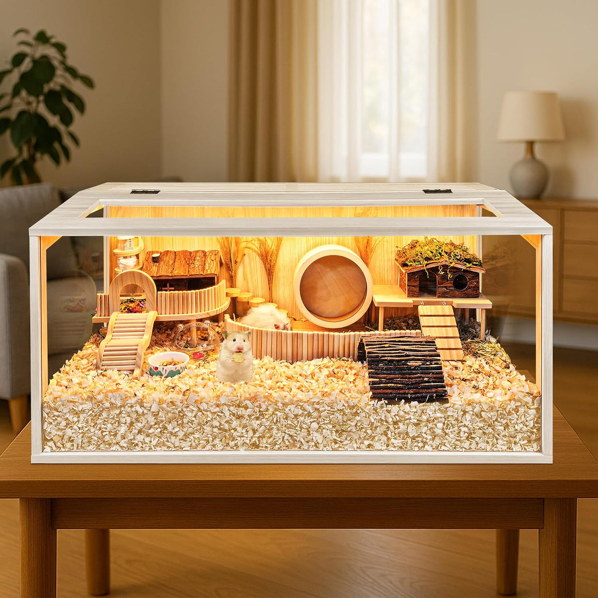 Hamster Cage Chewproof, Large Hamster Cages and Habitats - Natural Oak Wood / 24"L x 16"W x 16"H / Openable Wooden Roof - image 2