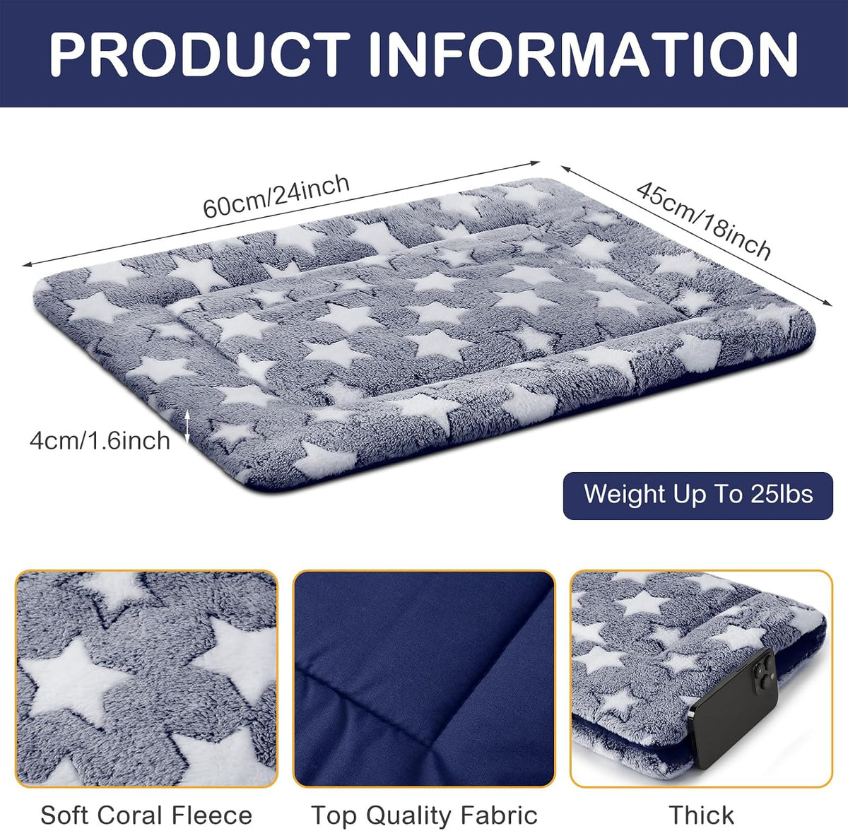 4 Pcs Dog Crate Pads Soft Warm - Rectangular 18 x 24 x 1.6 Inch / Star / Blue - image 2