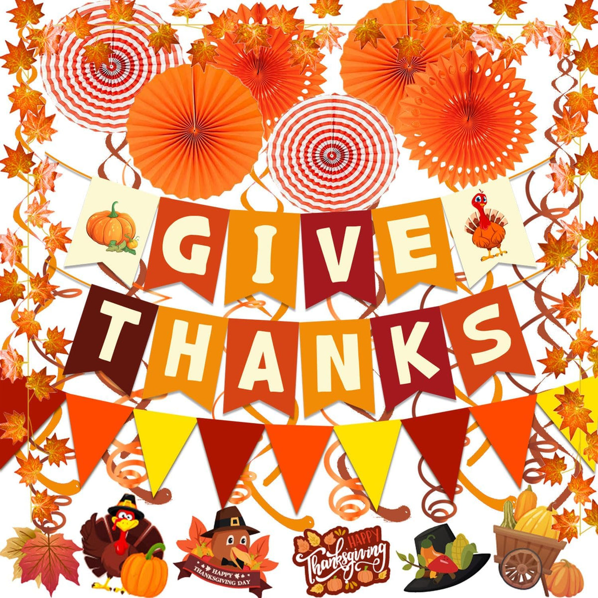 Fecedy Happy Halloween Banner Triangular bunting Paper flower fans - Thanksgiving,orange