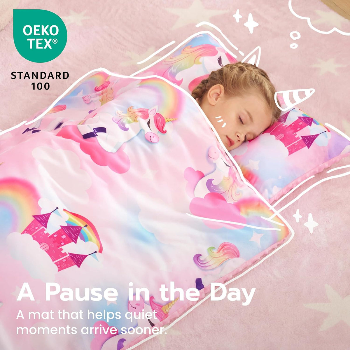 JOIEDOMI Toddler Nap Mat with Removable Pillow and Minky Blanket - Pink Unicorn - image 4