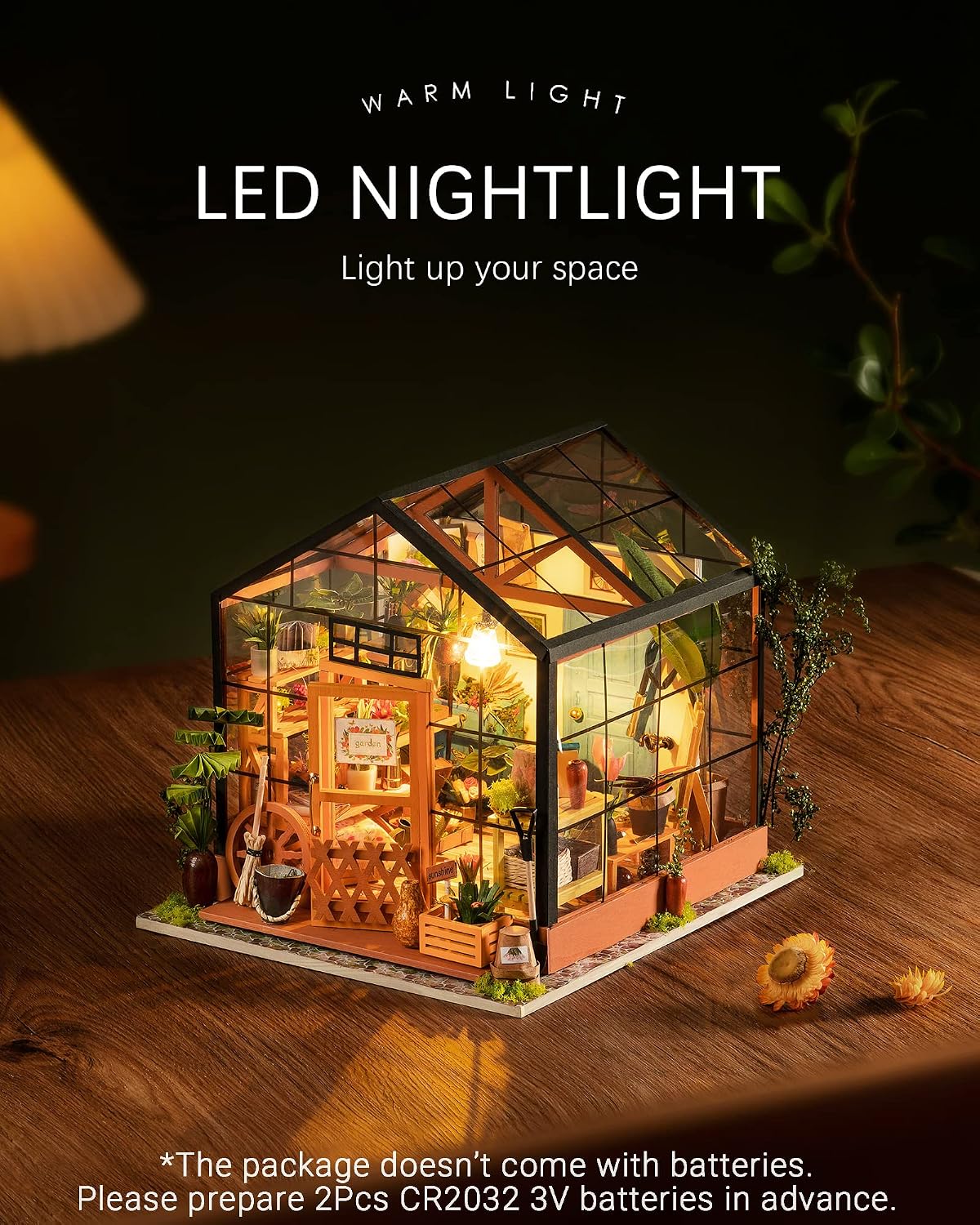 Rolife Greenhouse miniature house kit assembled with plants, wooden furniture and LED light - view 9