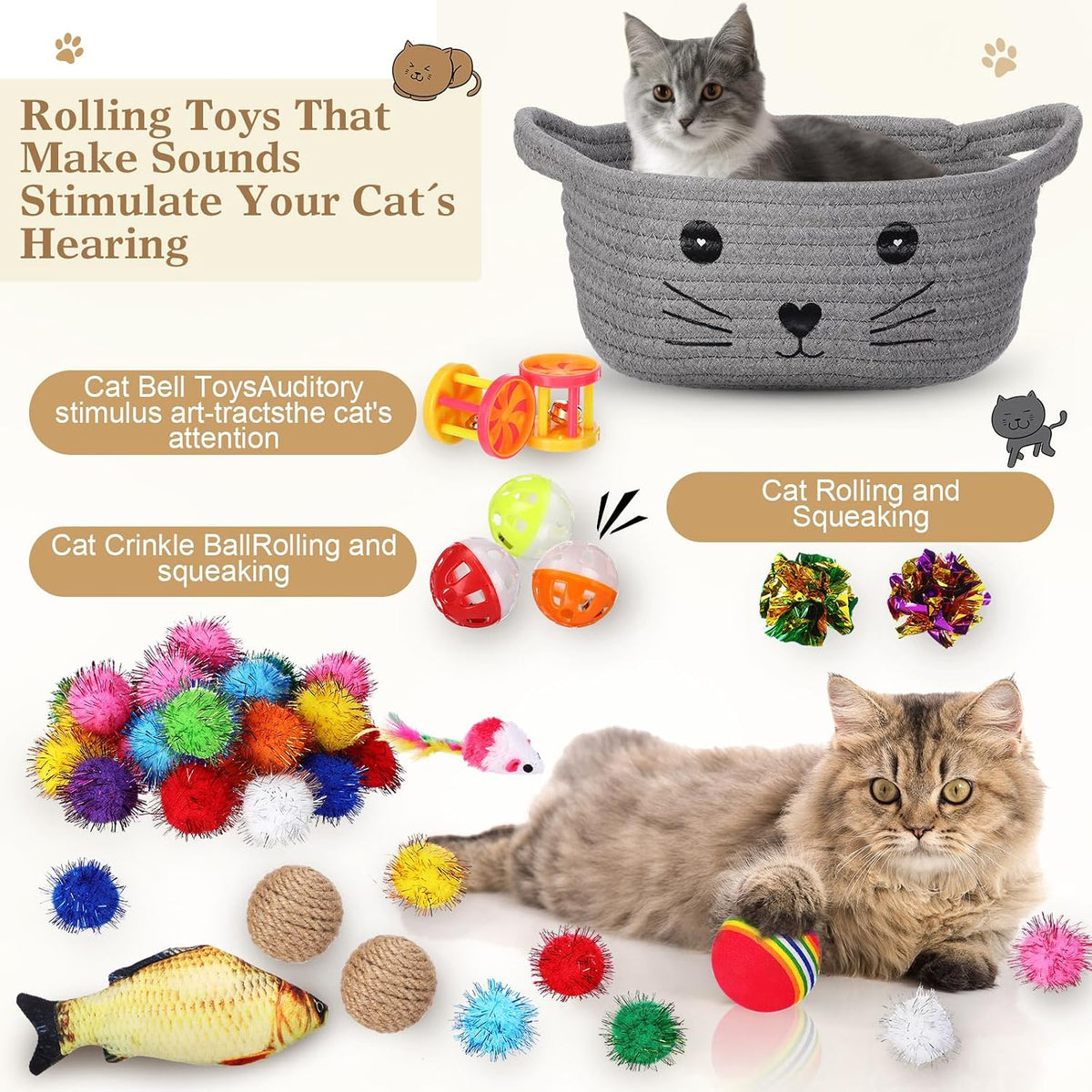 Zopeal 58 Pcs Cat Toy Set with Storage Basket Indoor, Grey - Gray / 9.8 Inch - image 3