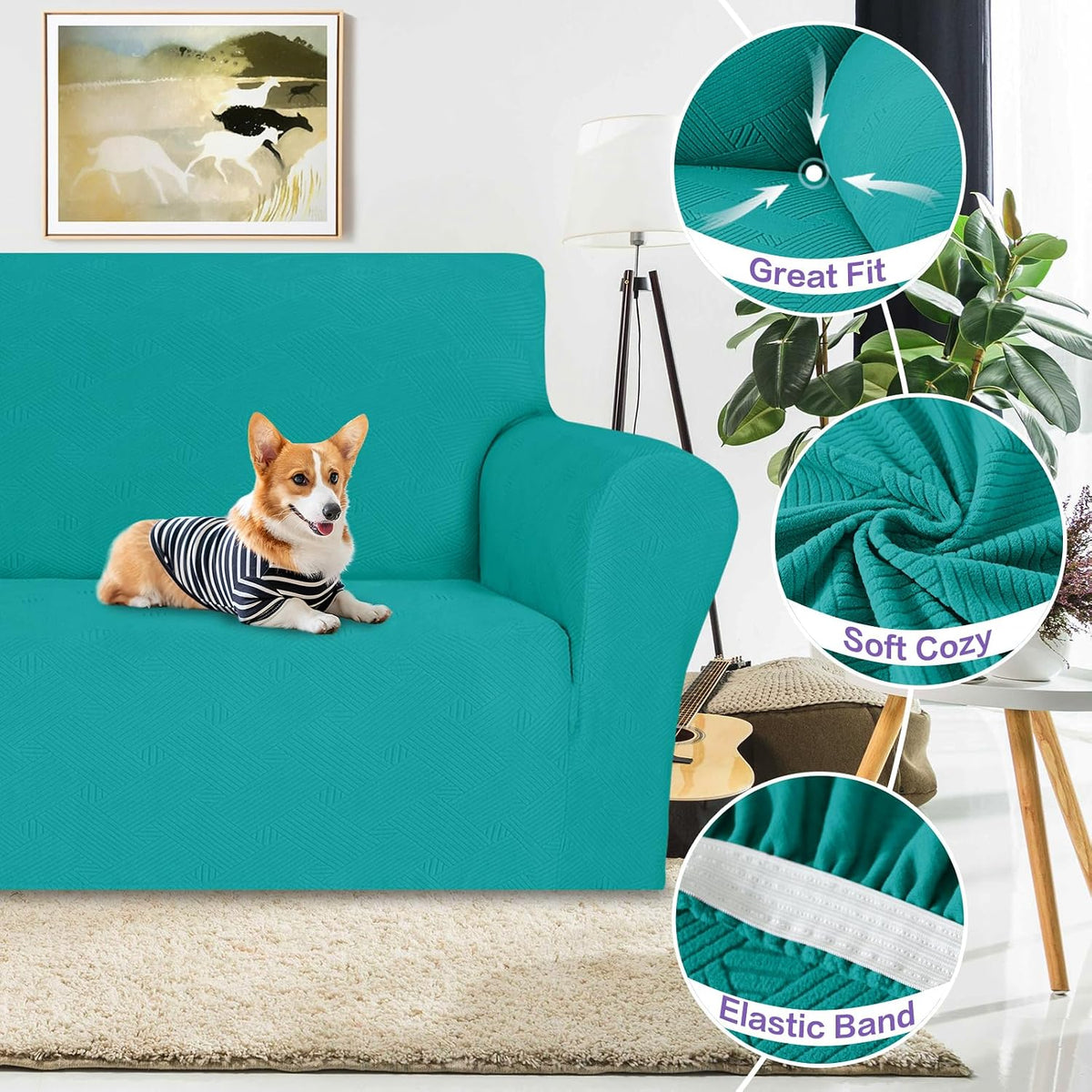 Super Stretch Couch Cover Universal Sofa Covers with Elastic Bottom - - Peacock Teal / X-Large (92"-115") - image 3