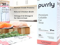Purrly Hydrating Wet Cat Treat Snack Topper Creamy Purée Human-Grade Chicken Breast & Salmon with Omega-3 & 6 for Skin & Coat (30 Count) Healthy Lickable Squeeze Soft Snack