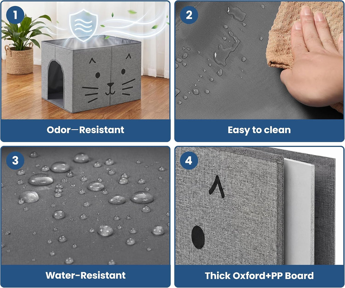 Waterproof Cat Litter Box Enclosure Splash Guard with Removable Mat - Gray Cat Face with Door / Large - image 3