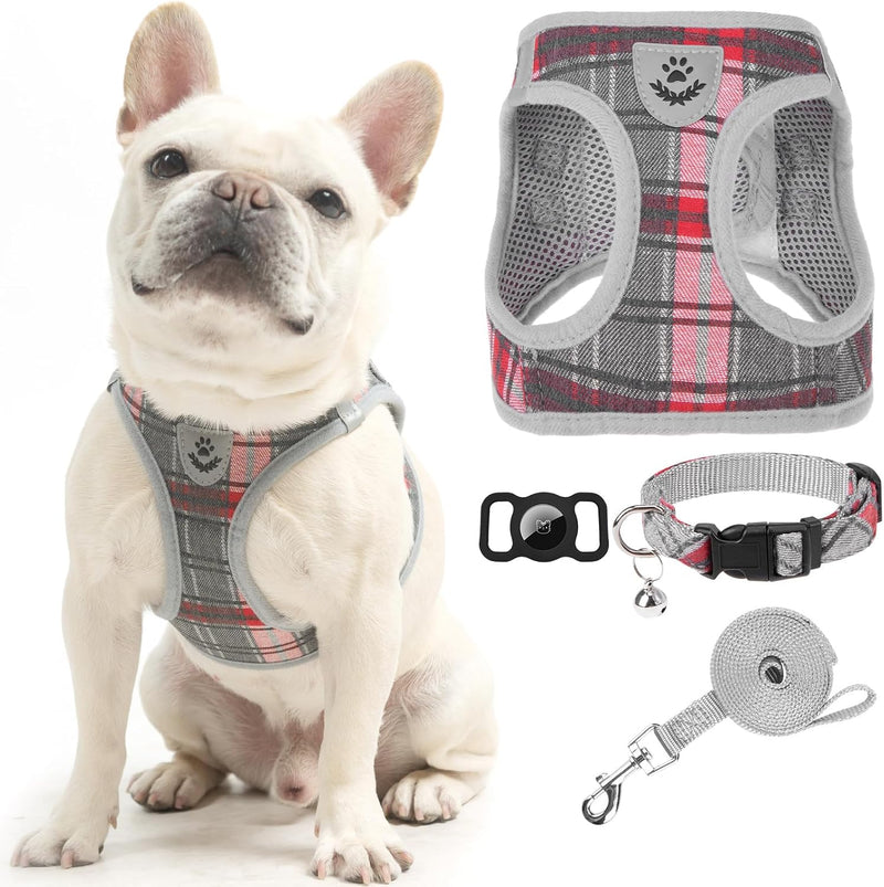 EXPAWLORER Plaid Small Dog Harness and Leash Set with AirTag Holder - Grey / XX-Small