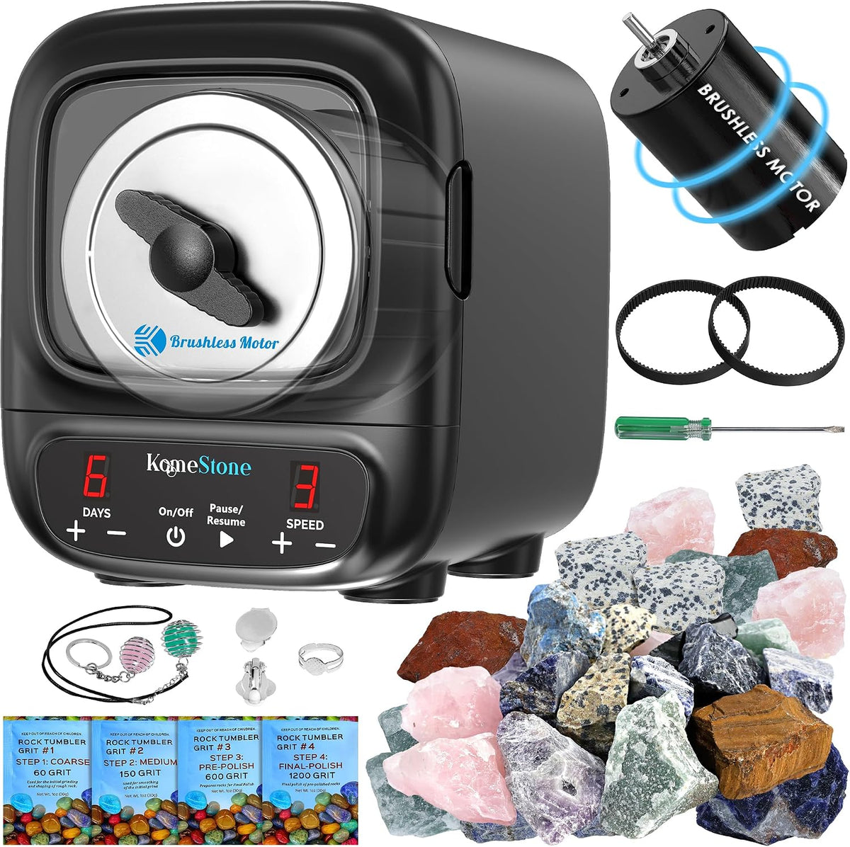 KomeStone Rock Tumbler Grit Kit, 4-Step Polish Refill - K2 Elite Rock Tumbler Kit