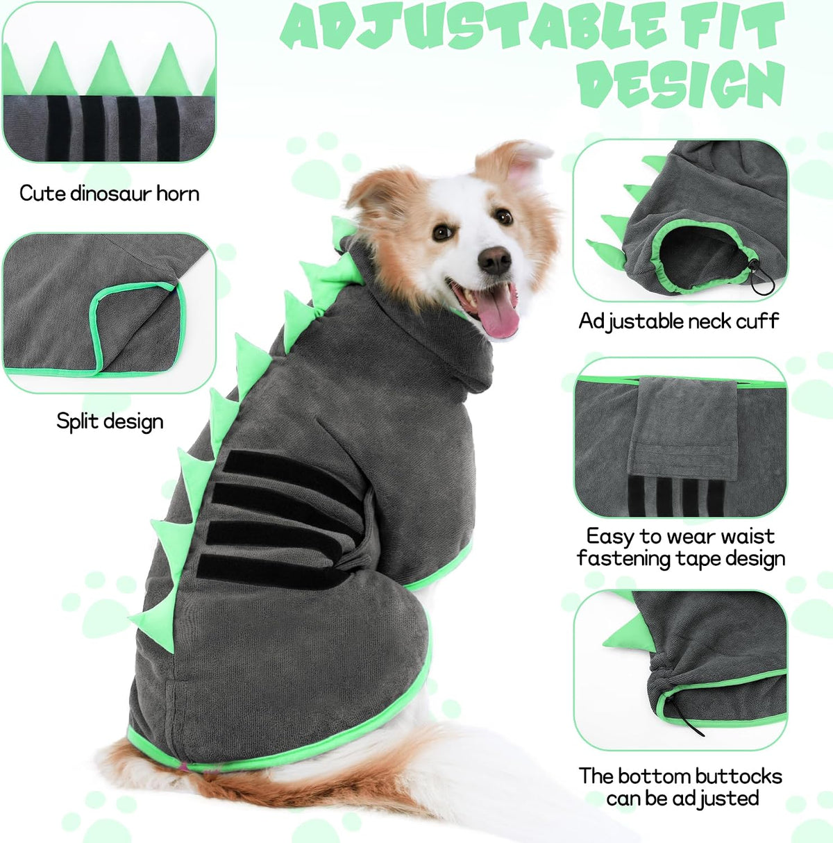 Super Absorbent Dog Bathrobe - Grey, Green edging / Medium - image 3