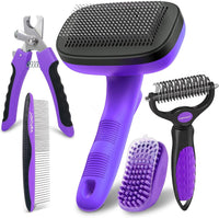 5 PCS Pet Grooming Kit, Dog Brush & Dematting Rake for Long Hair – Essentials for Cats - Purple 5pc