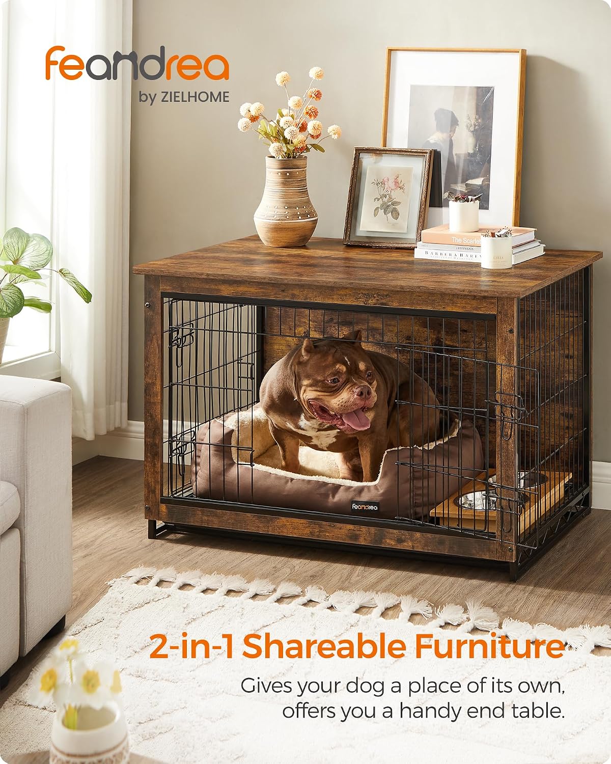 Feandrea 27.2" Dog Crate Furniture - Rustic Brown / 38.6"L x 25.6"W x 26.8"H - image 2