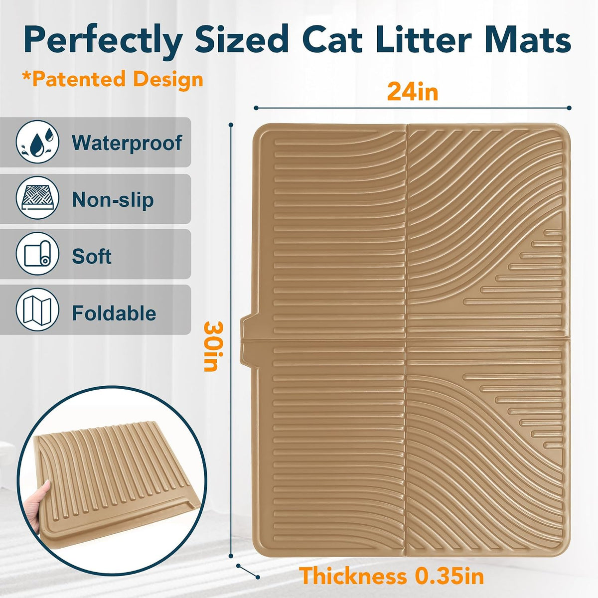 UPSKY Large Cat Litter Mat 31" x 24" Waterproof and Washable - 6.Khaki - image 2