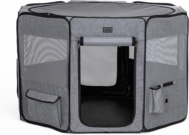 PETSFIT Portable Dog Playpen 36", Removable Waterproof Mat - Grey / Large (45.5"x45.5"x28.5", 2 Doors)
