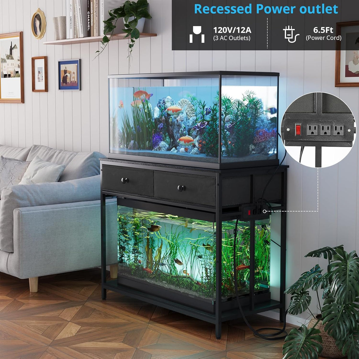 VOWNER 40 Gallon Aquarium Stand with Power Outlet & Cabinet Storage - Black / 39.4" L x 18.9" W x 31.5"H - image 3