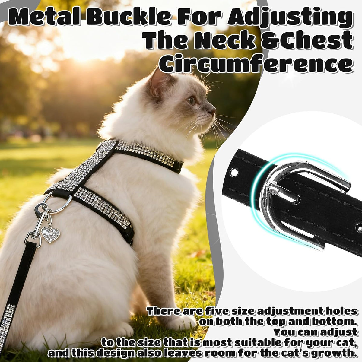 Cat Harness and Leash Set, Escape Proof Adjustable Cat Harness - Black Rhinestones / Small - image 4