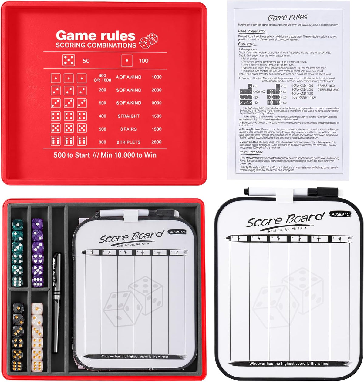 AUSIIBTO red and black Farkle dice tray and storage case with pearl dice - view 3