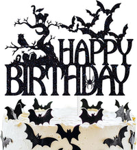 Ferastar black glitter Halloween Happy Birthday haunted house cake topper