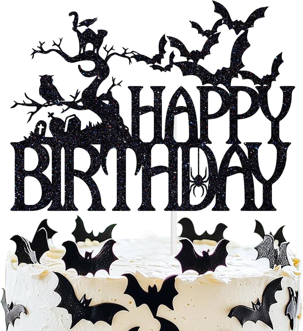 Ferastar black glitter Halloween Happy Birthday haunted house cake topper