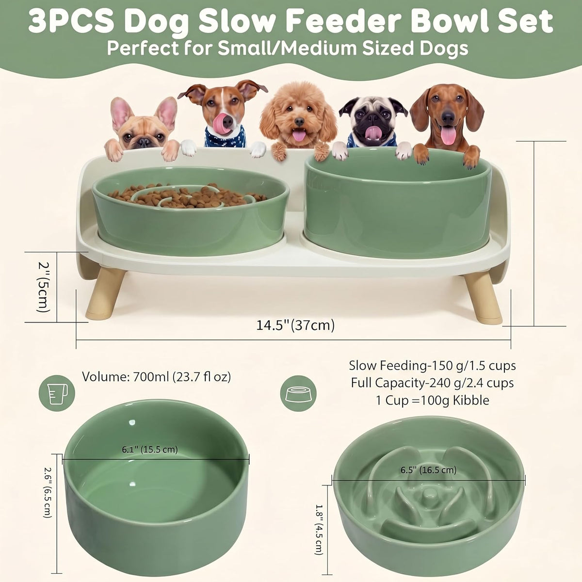 Elevated Slow Feeder Dog Bowls with Splash Proof Stand - Medium / Green - image 4