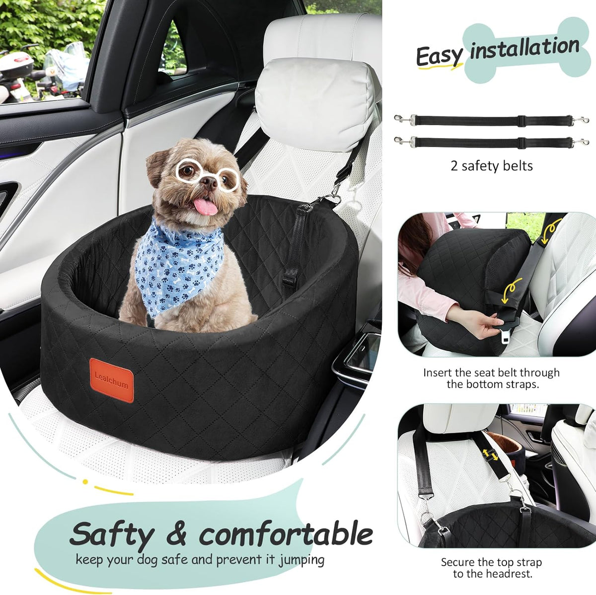 Lealchum Dog Car Seat for Small Dogs Up to 30 Lbs with 2 Safety Dog - Black / Small - image 4