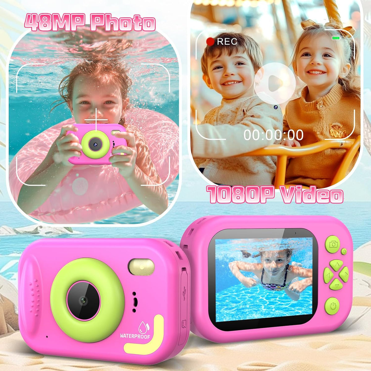 Usteetic pink waterproof kids camera with IP68 rating and lanyard - view 7
