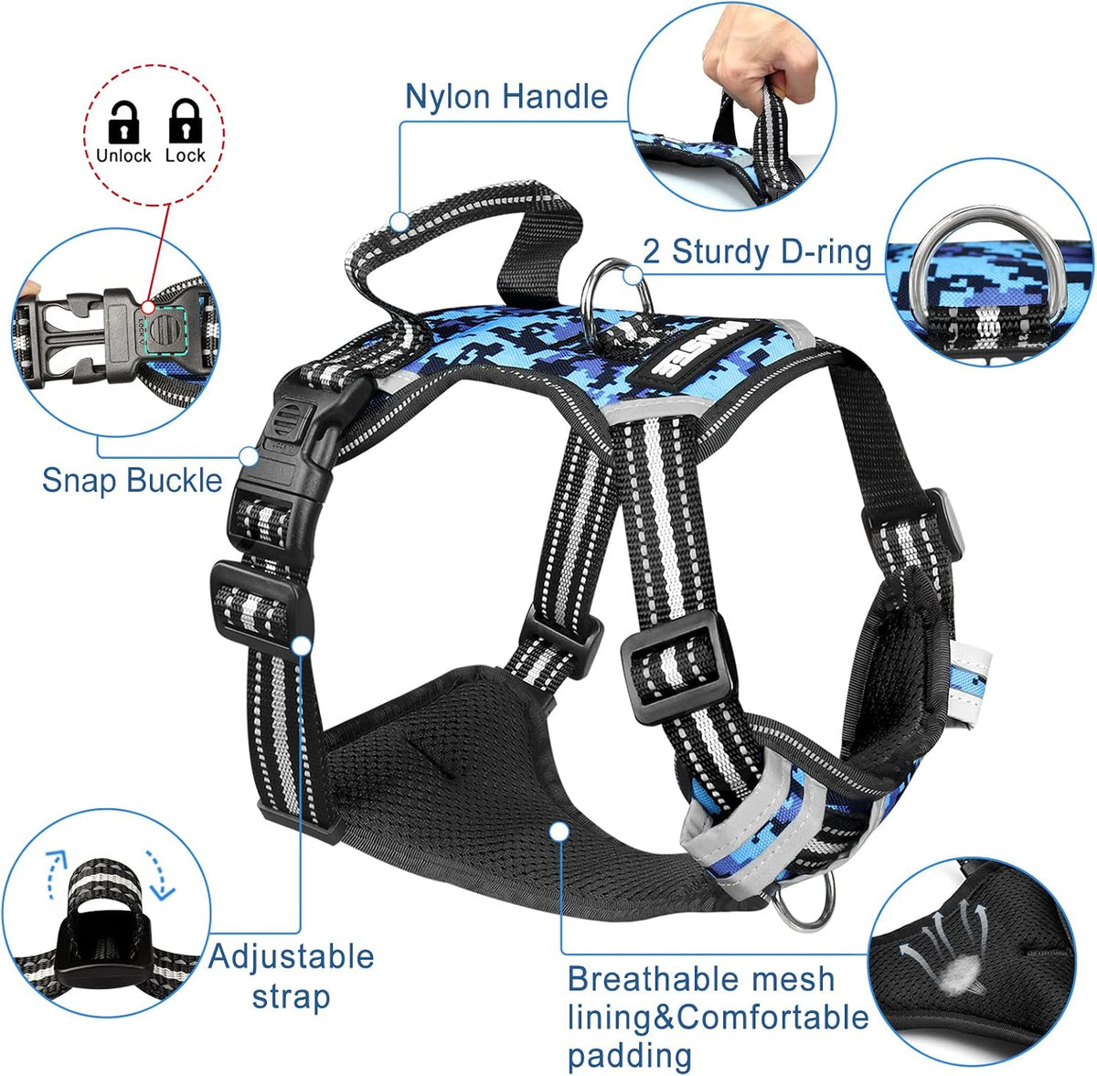 WINSEE Dog/Pet Harnesses No Pull with Dog Collar - Large / Blue Camo - image 4