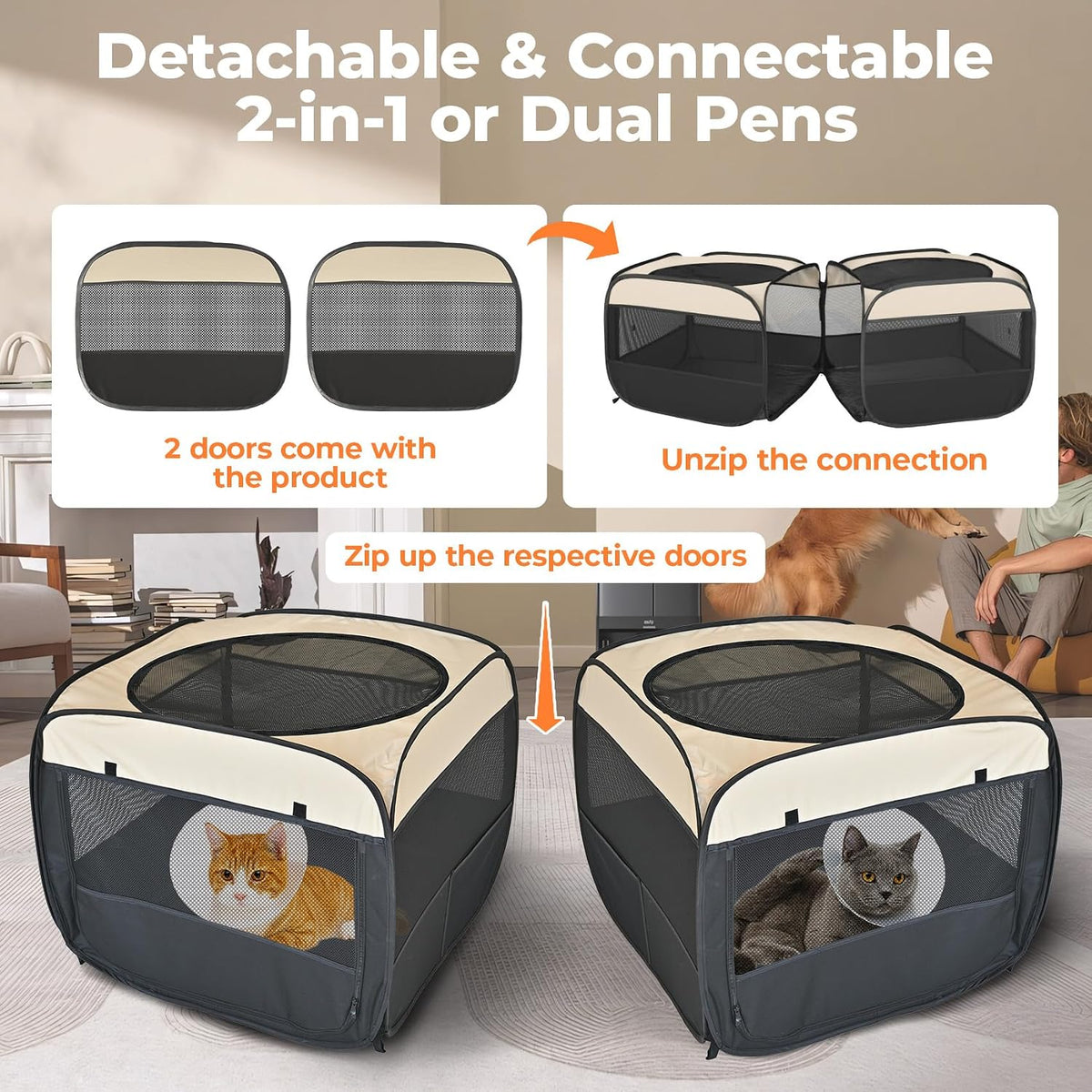 2-in-1 XLarge Cat Playpen - Khaki / Rectangle / S, 46.5"L x 24.1"W x 17"H - image 2