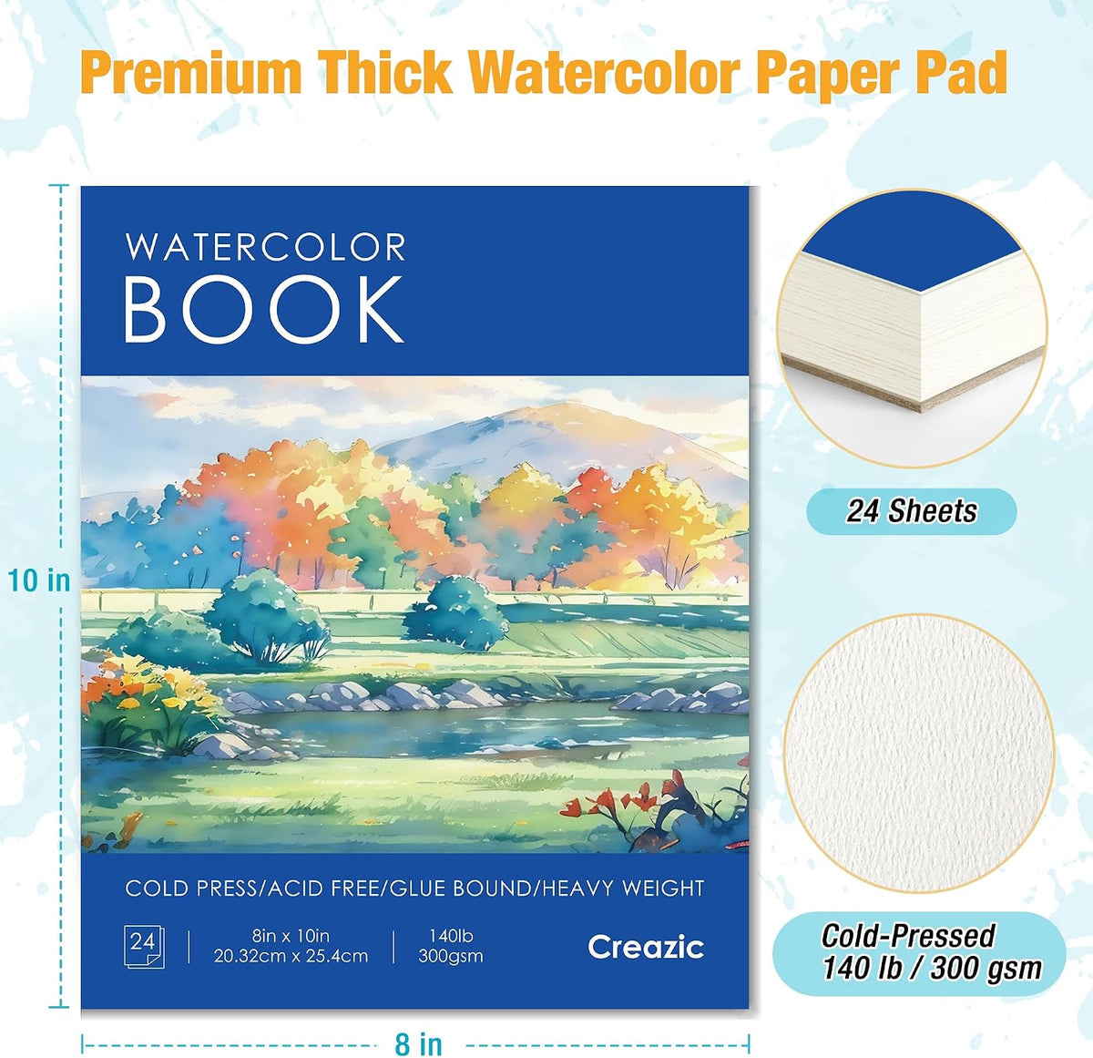 Watercolor Paper Pad, 5.5"x8.5”, Spiral, Bound with Tear - Blue / 8" x 10" Glue Bound - image 2
