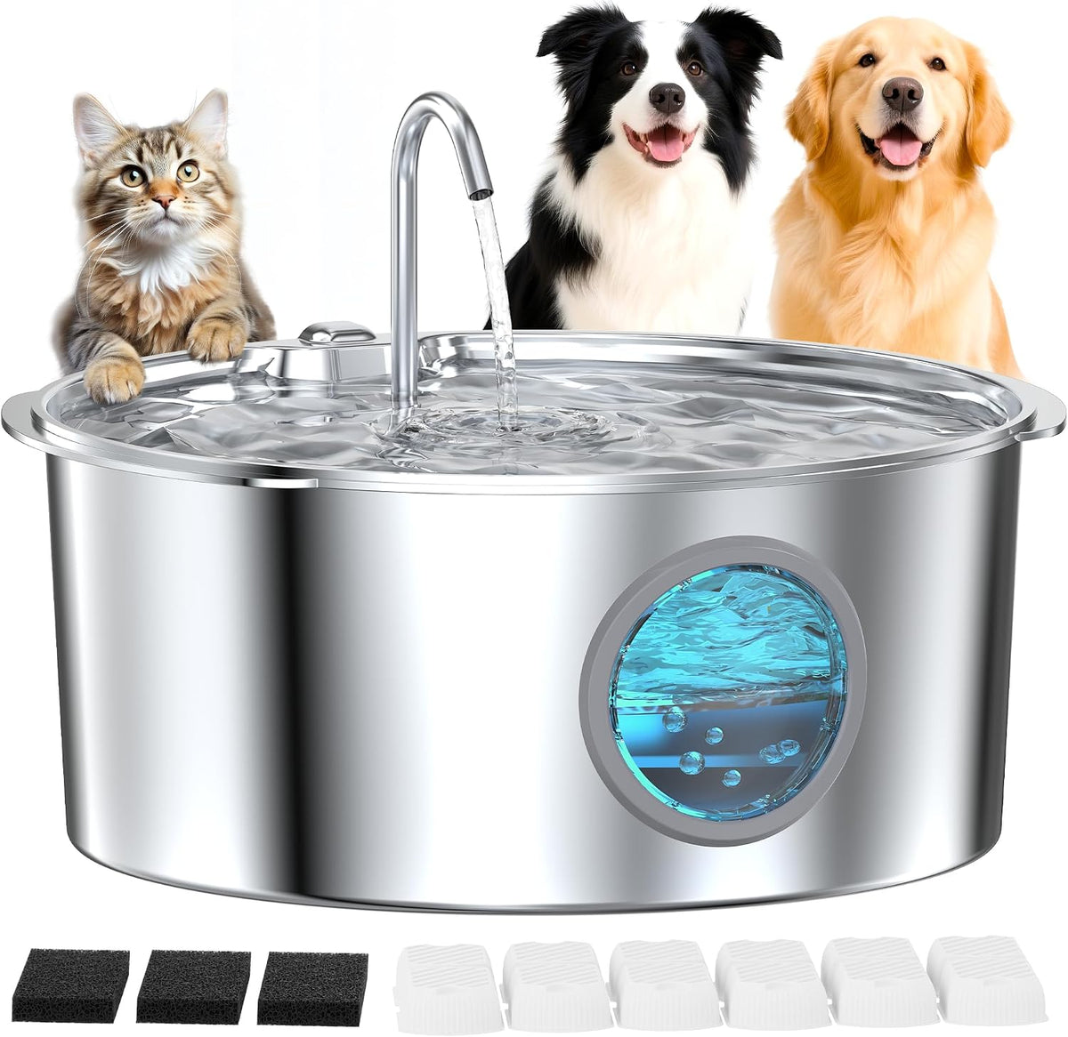 Dog Water Fountain for Large Dogs: Stainless Steel Dog Fountain Water - Dog Fountain+6 Filters +3 Sponges